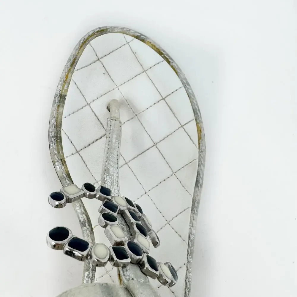 Chanel 20P Silver Laminated Quilted CC Thong Block Heel Sandals 37.5 Box